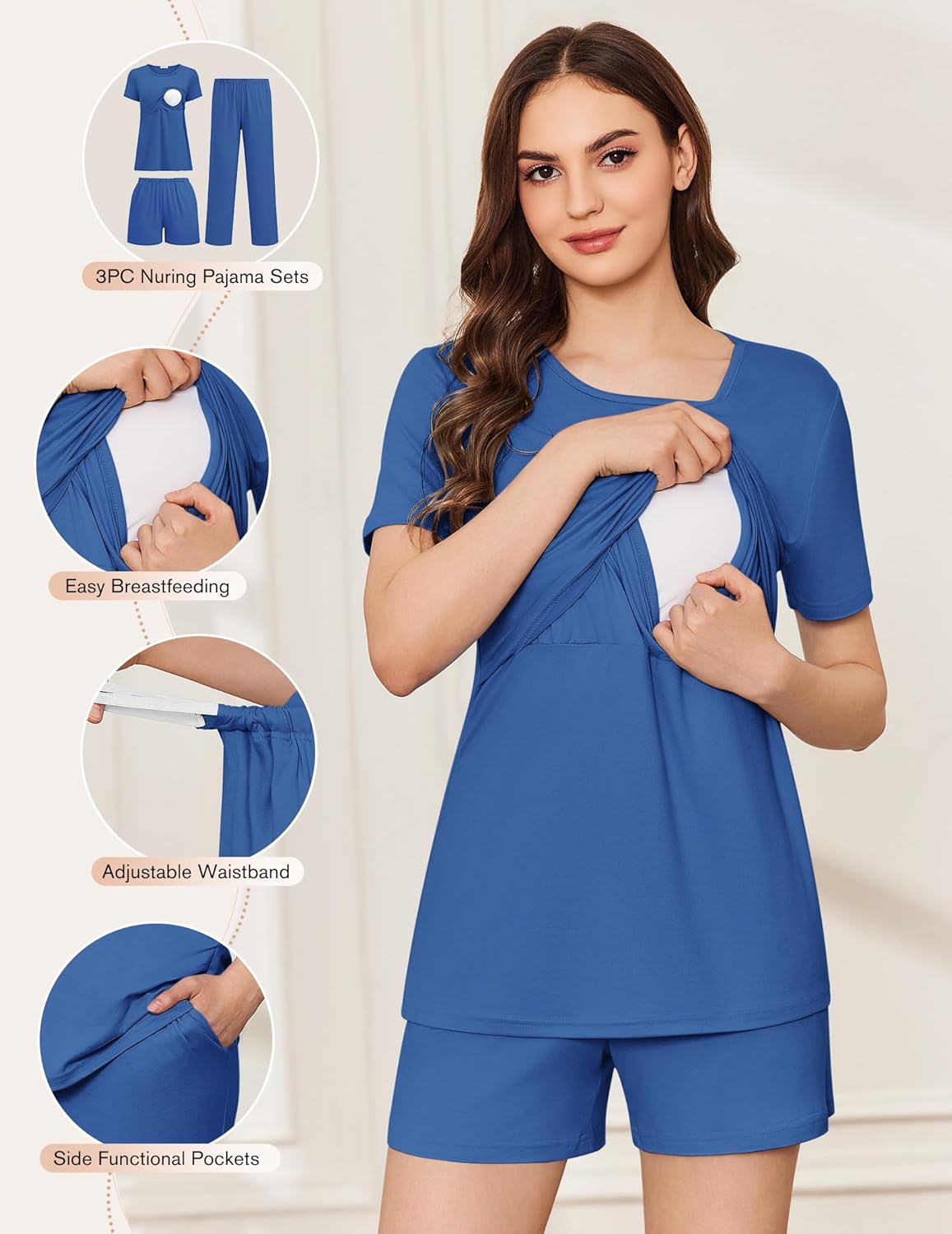 Blue nursing pajama set with short-sleeve top and matching shorts, 3-piece