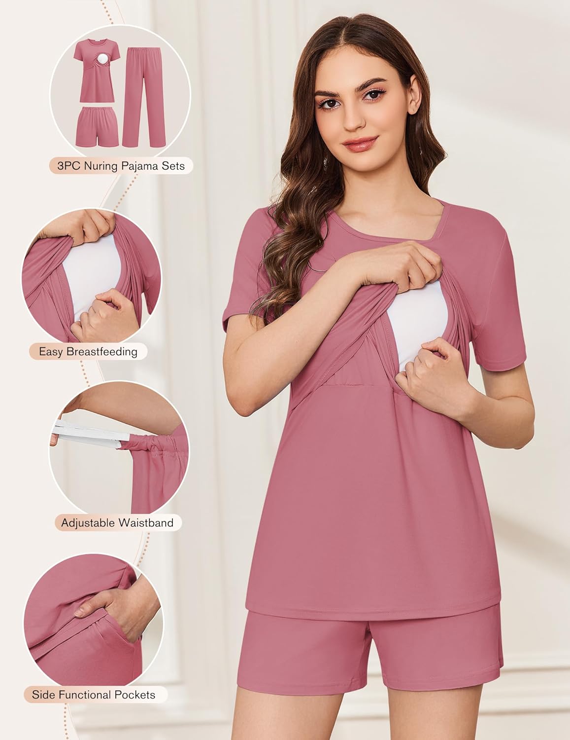 Mauve nursing pajama set with short-sleeve top and matching shorts, 3-piece