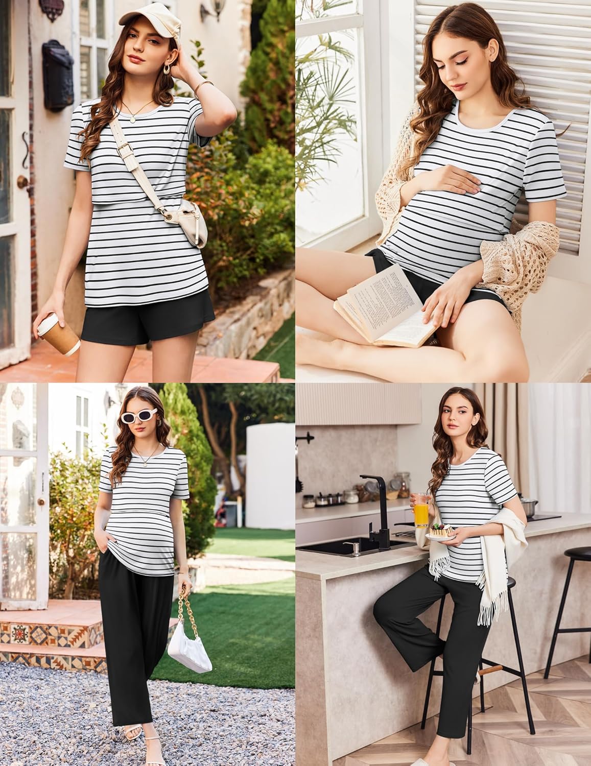 Black-and-white striped nursing pajama set with short-sleeve top and black long pants