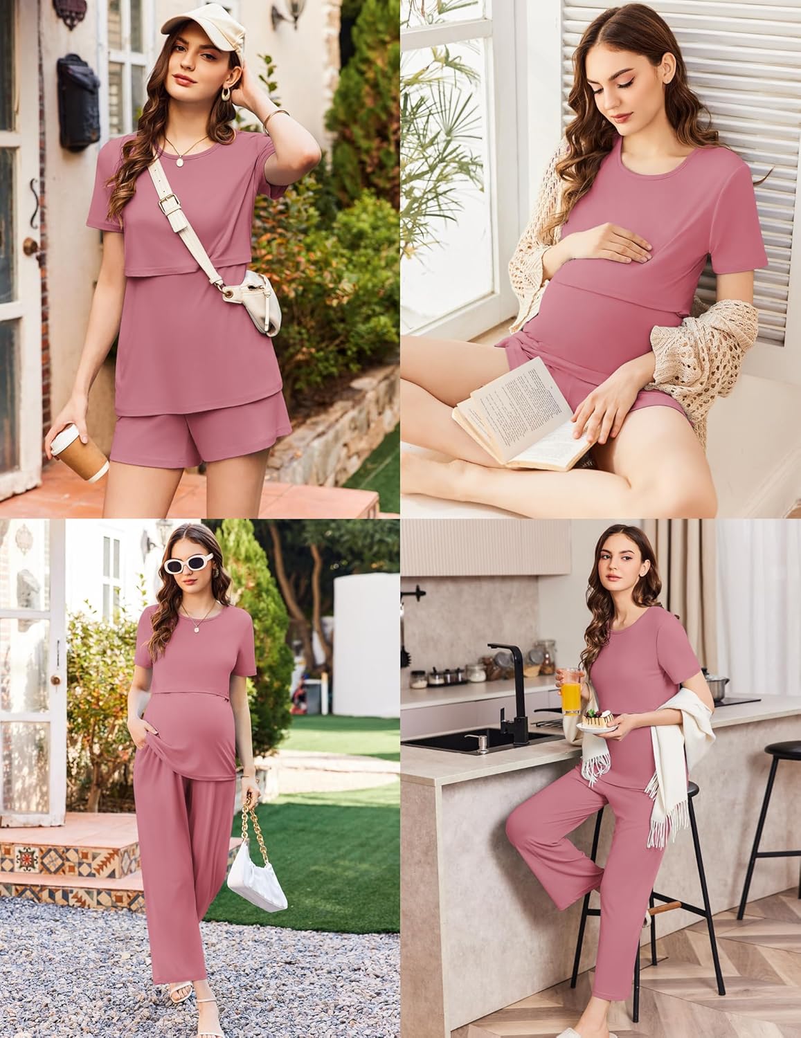 Mauve nursing pajama set with short-sleeve top and matching long pants, 3-piece