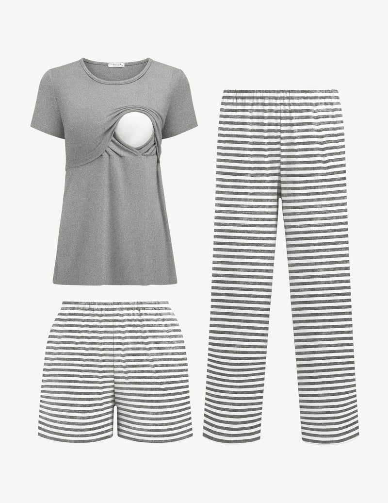 Conjunto pijama de lactancia 3 piezas gris con top y pantalones de rayas