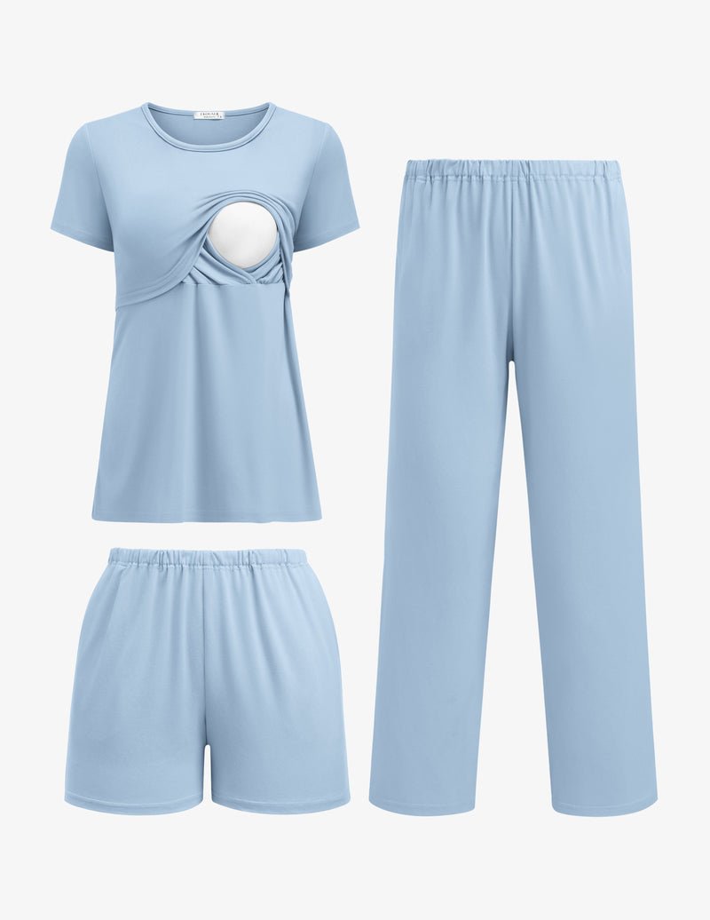 Conjunto de pijama de lactancia 3 piezas azul claro con blusa y pantalón