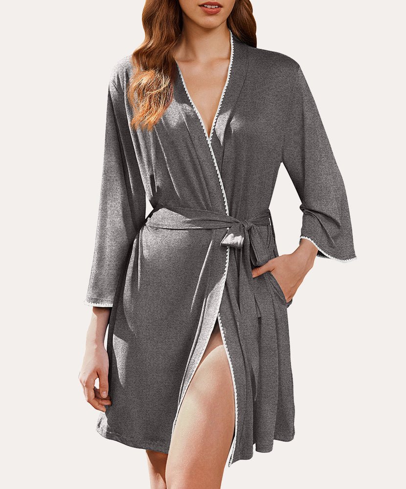 Dark gray 3/4 sleeve knee-length bathrobe with V-neck, tie belt, and lace-trim edges