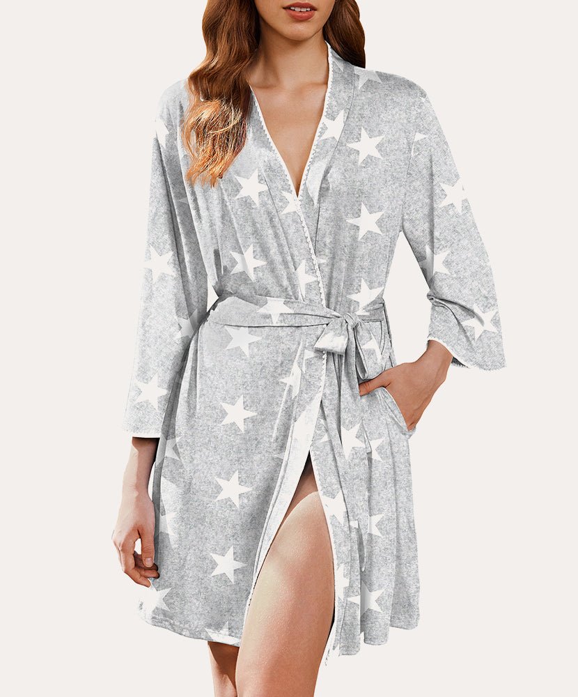Gray star-print 3/4 sleeve knee-length bathrobe with V-neck, tie belt, and lace-trim edges