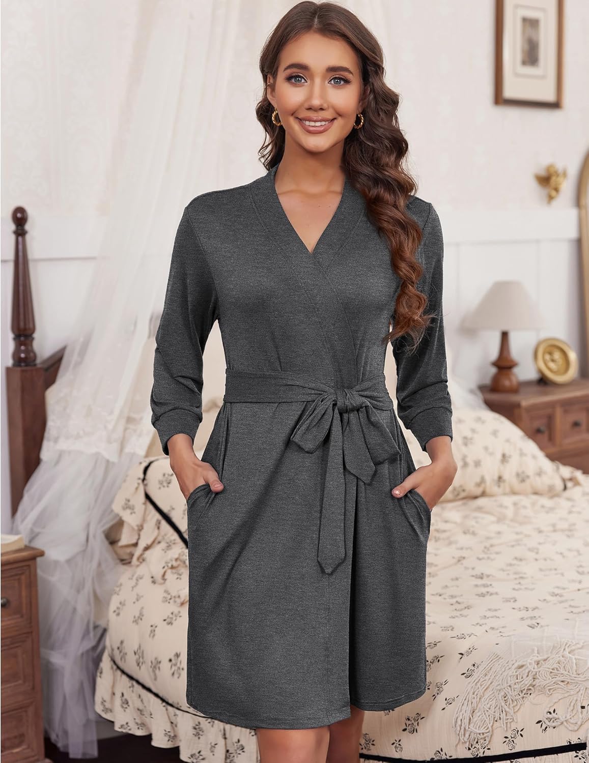 Dark gray knit bathrobe with 3/4 sleeves, V-neck and waist tie, knee length