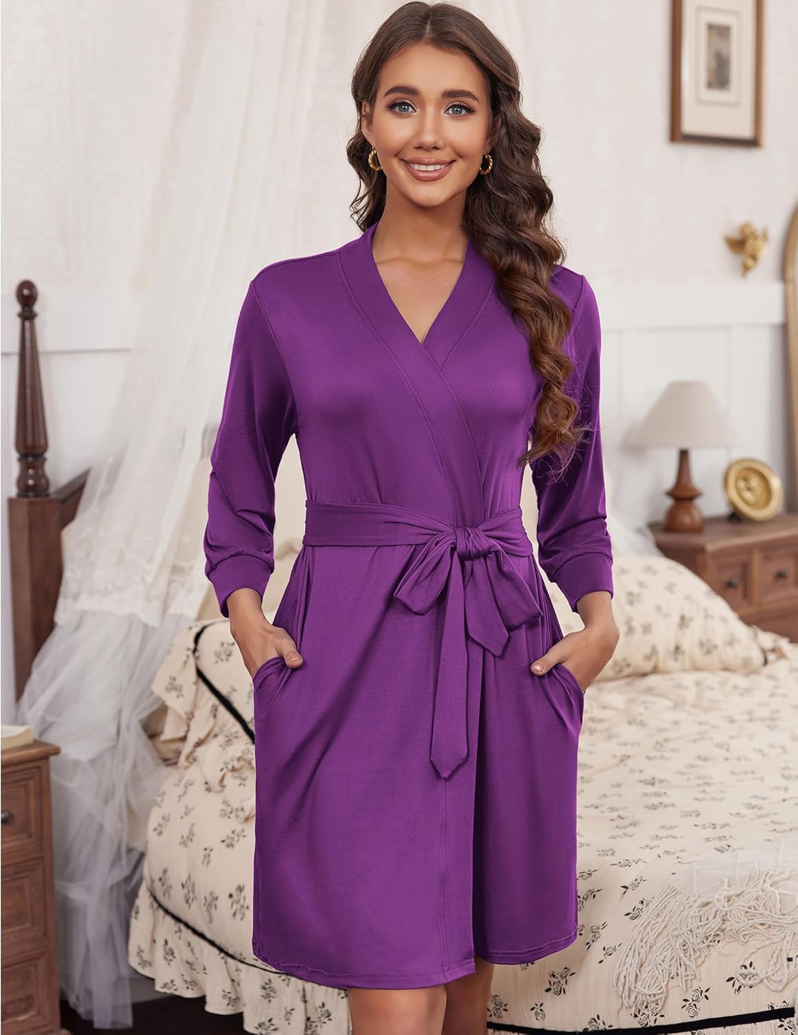 3/4 sleeve knit bathrobe, knee length, purple, V-neck, tied waist