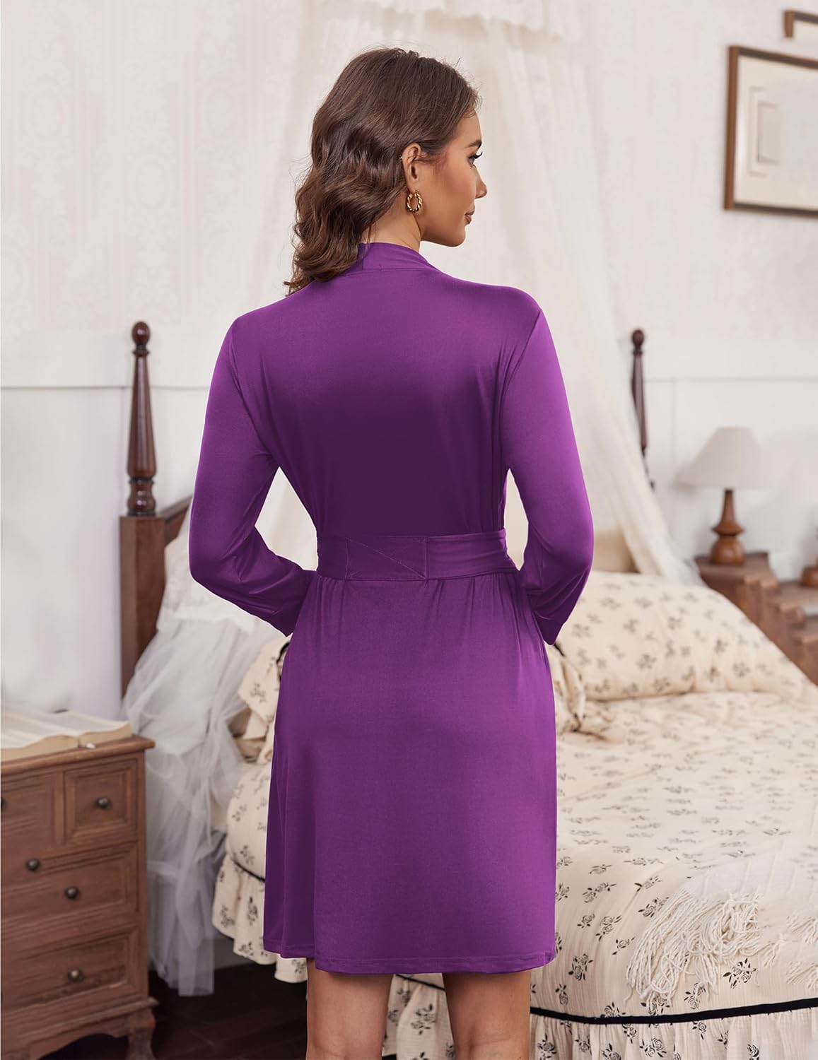 Knee-length knit bathrobe back view, purple, tie belt at waist