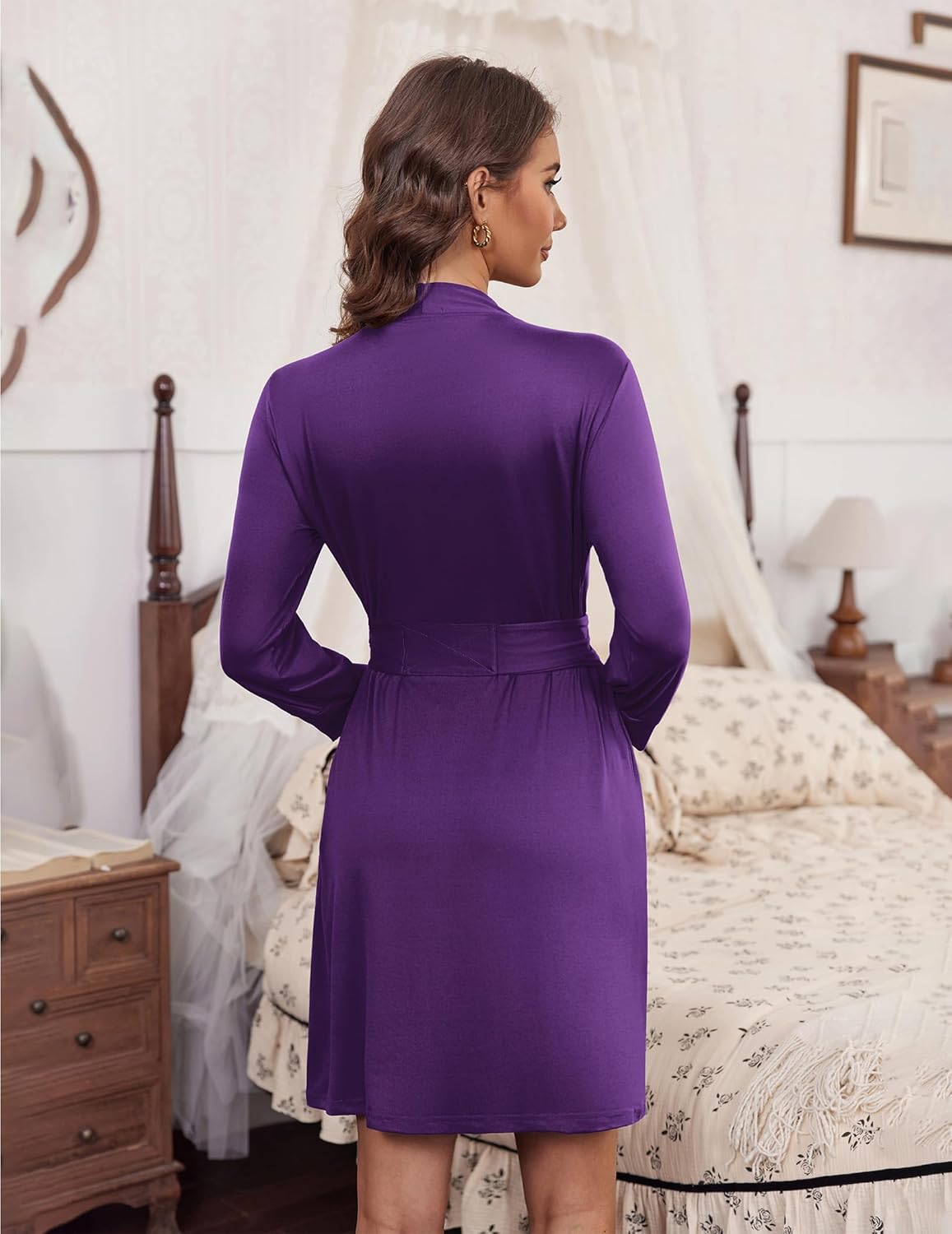 Purple knit bathrobe back view, 3/4 sleeves, knee length with waist tie