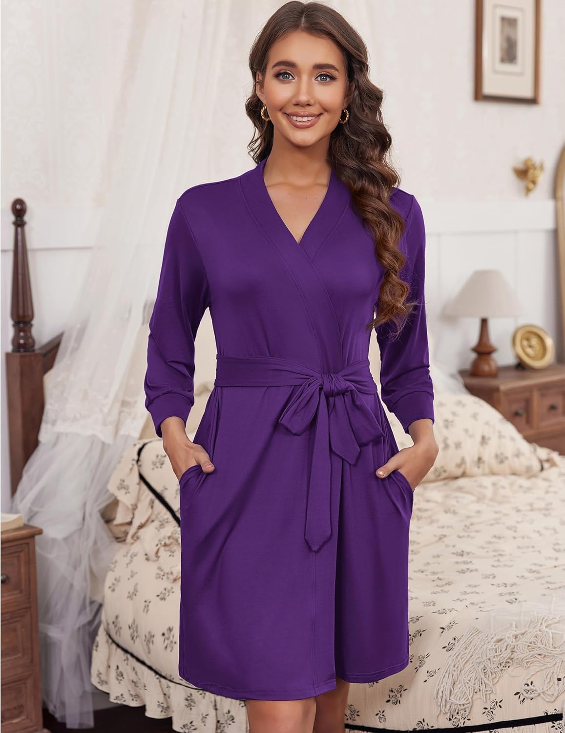 Solid knit bathrobe, 3/4 sleeves, knee length, purple wrap with tie belt