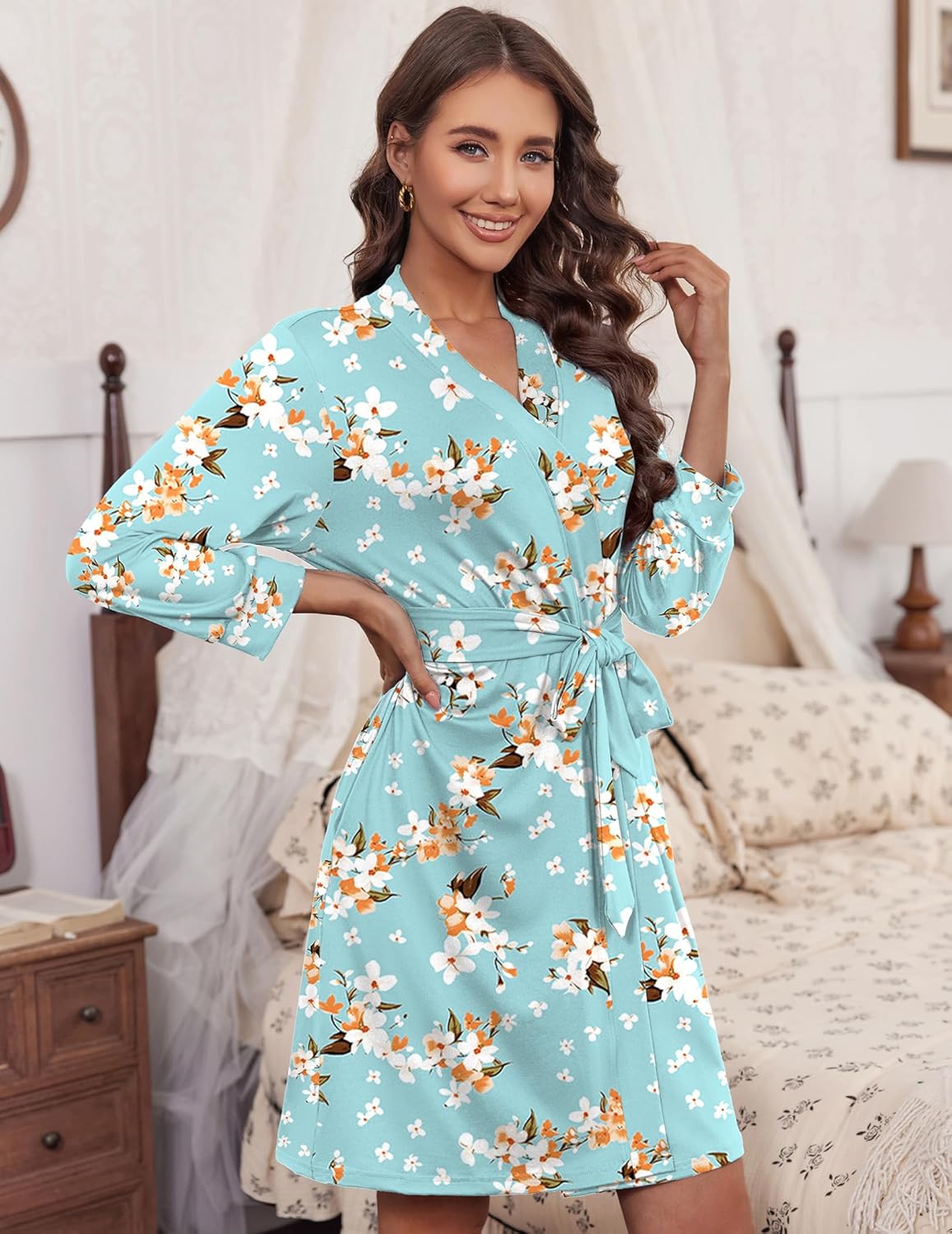 3/4 sleeve knit bathrobe in teal with floral print, knee length, waist tie