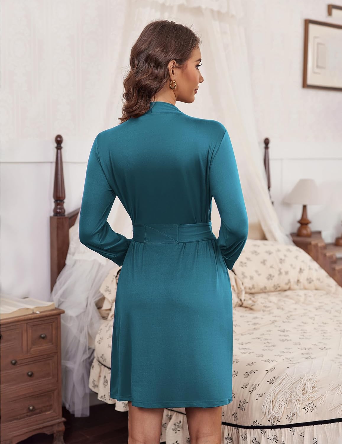 Teal 3/4-sleeve knit bathrobe, back view with waist tie, knee length.