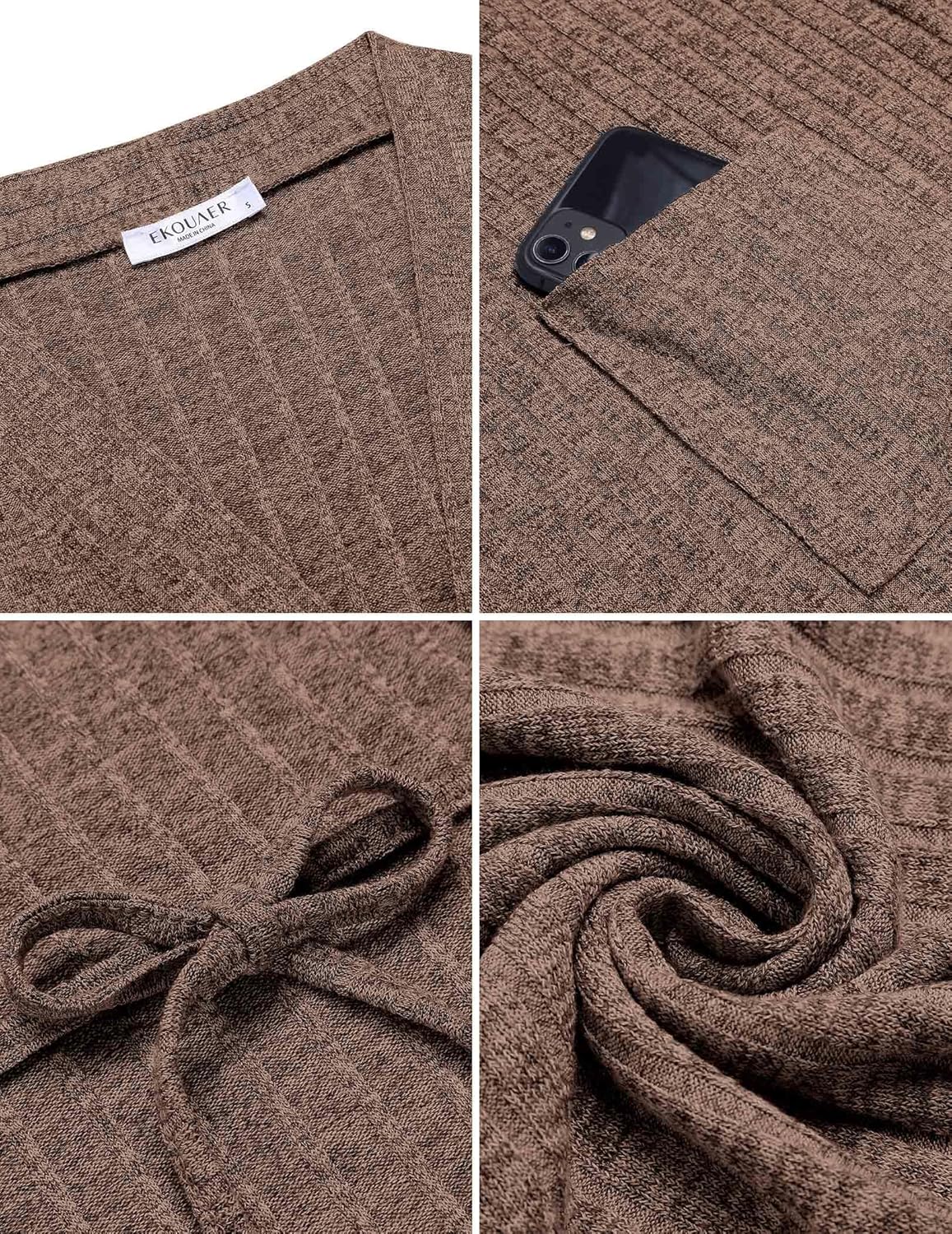 Knee-length knit bathrobe fabric detail, dark gray-brown, tie waist