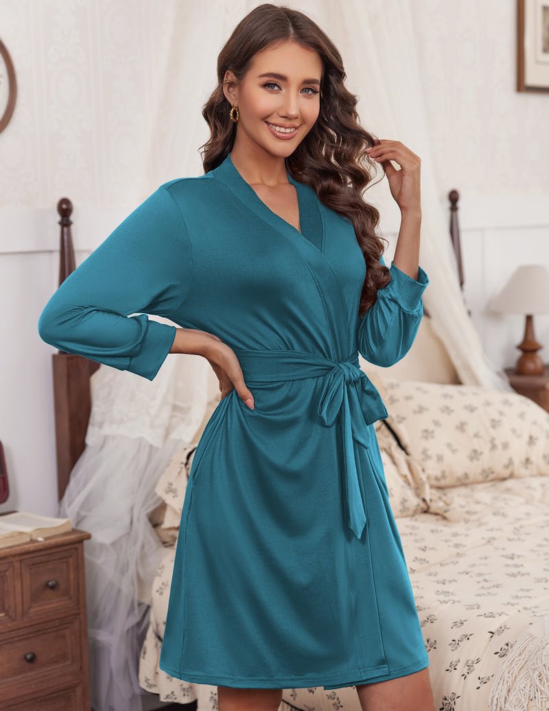 Teal knit bathrobe with V-neck, tie belt, 3/4 sleeves, knee length