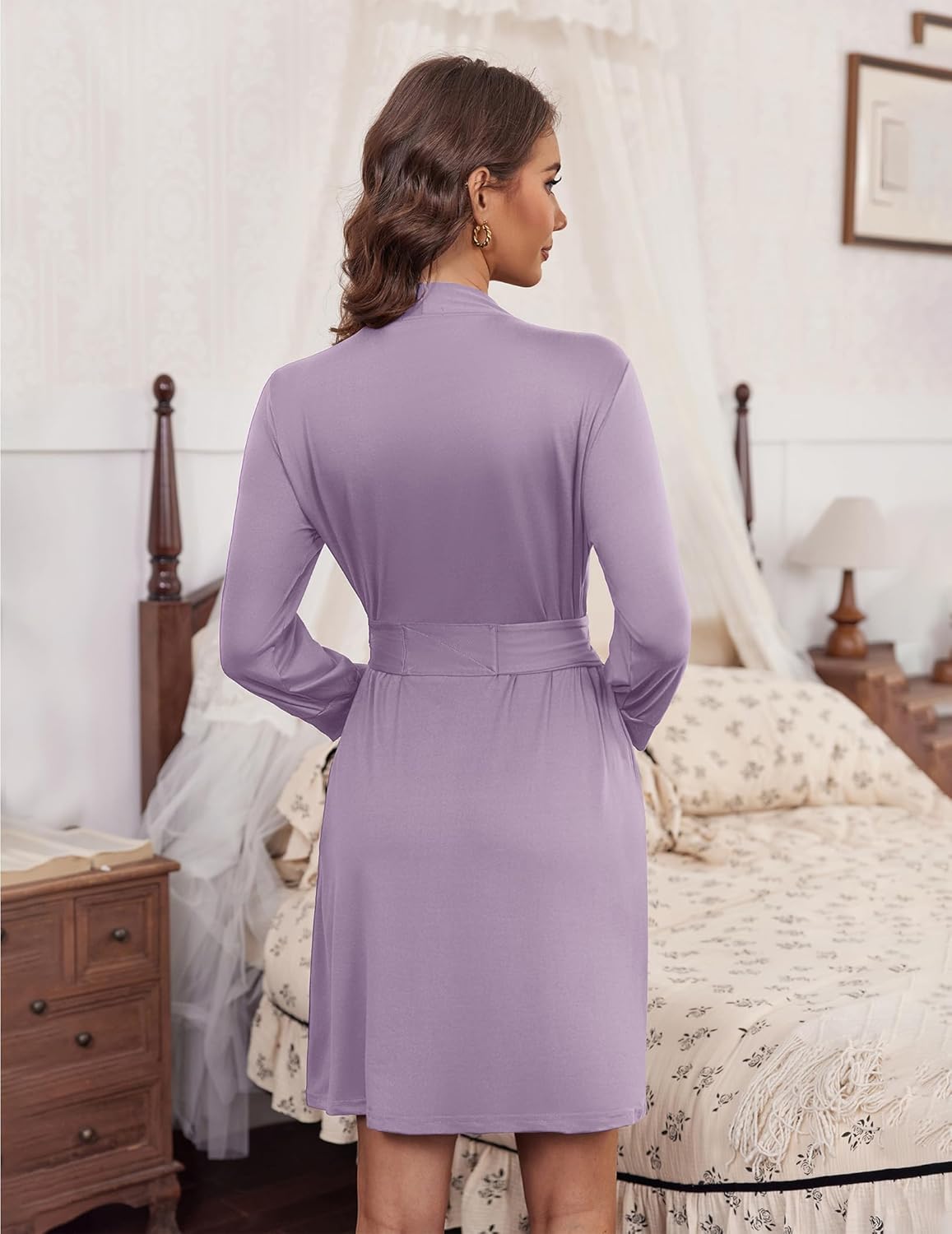 3/4 sleeve knit bathrobe back view, lavender-purple, tie belt at waist