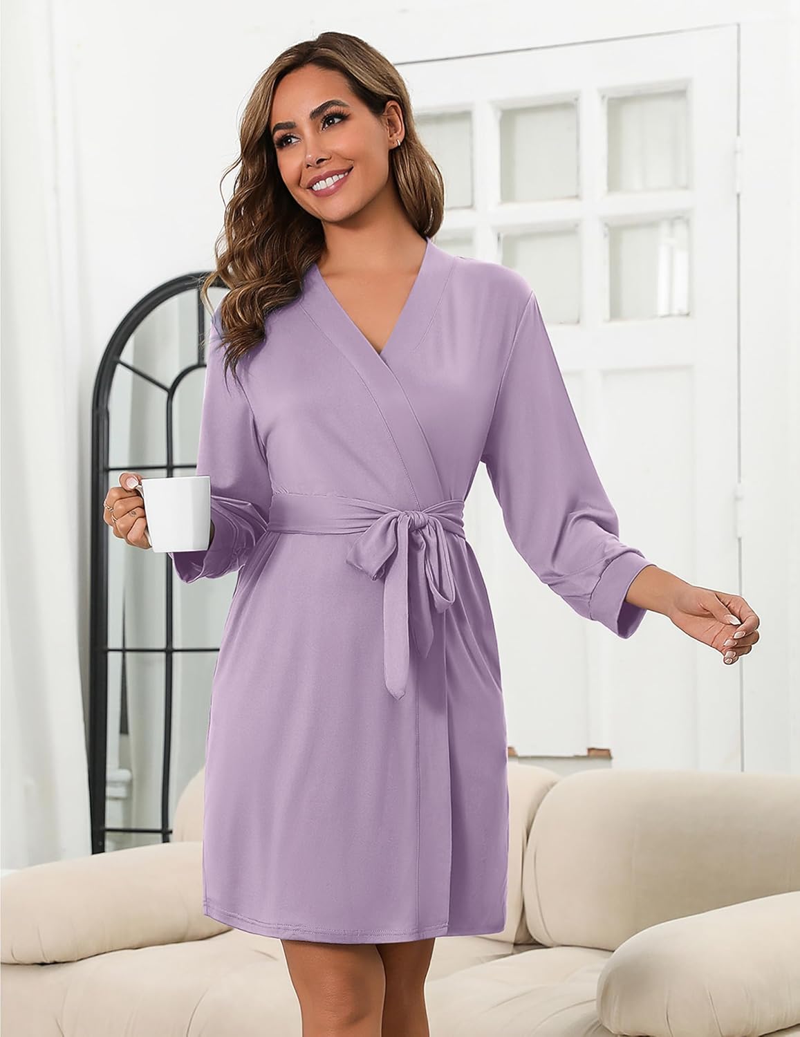 3/4 sleeve knit bathrobe, knee length, lavender-purple, tie belt