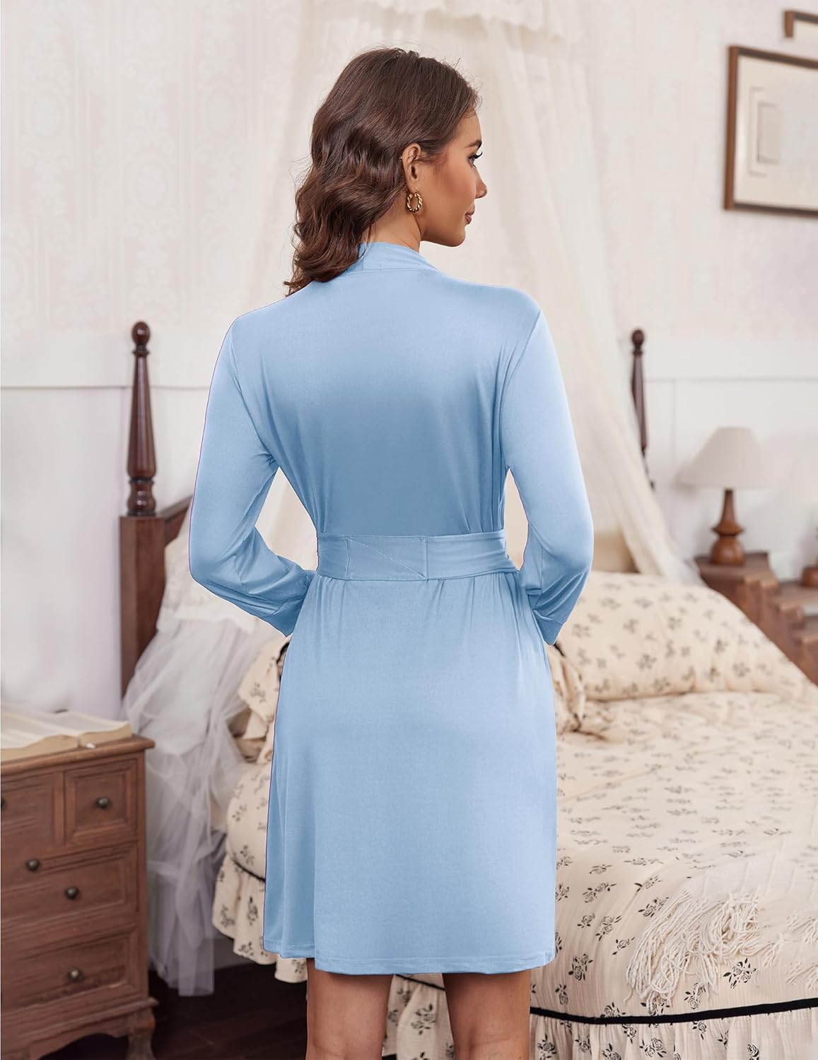 Light blue 3/4 sleeve knit bathrobe, knee length, back view, waist tie belt