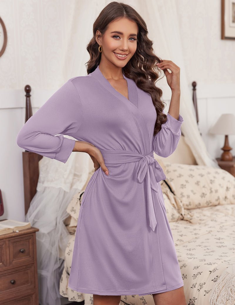 Knit bathrobe, lavender purple, V-neck, tie waist, 3/4 sleeves, knee length.