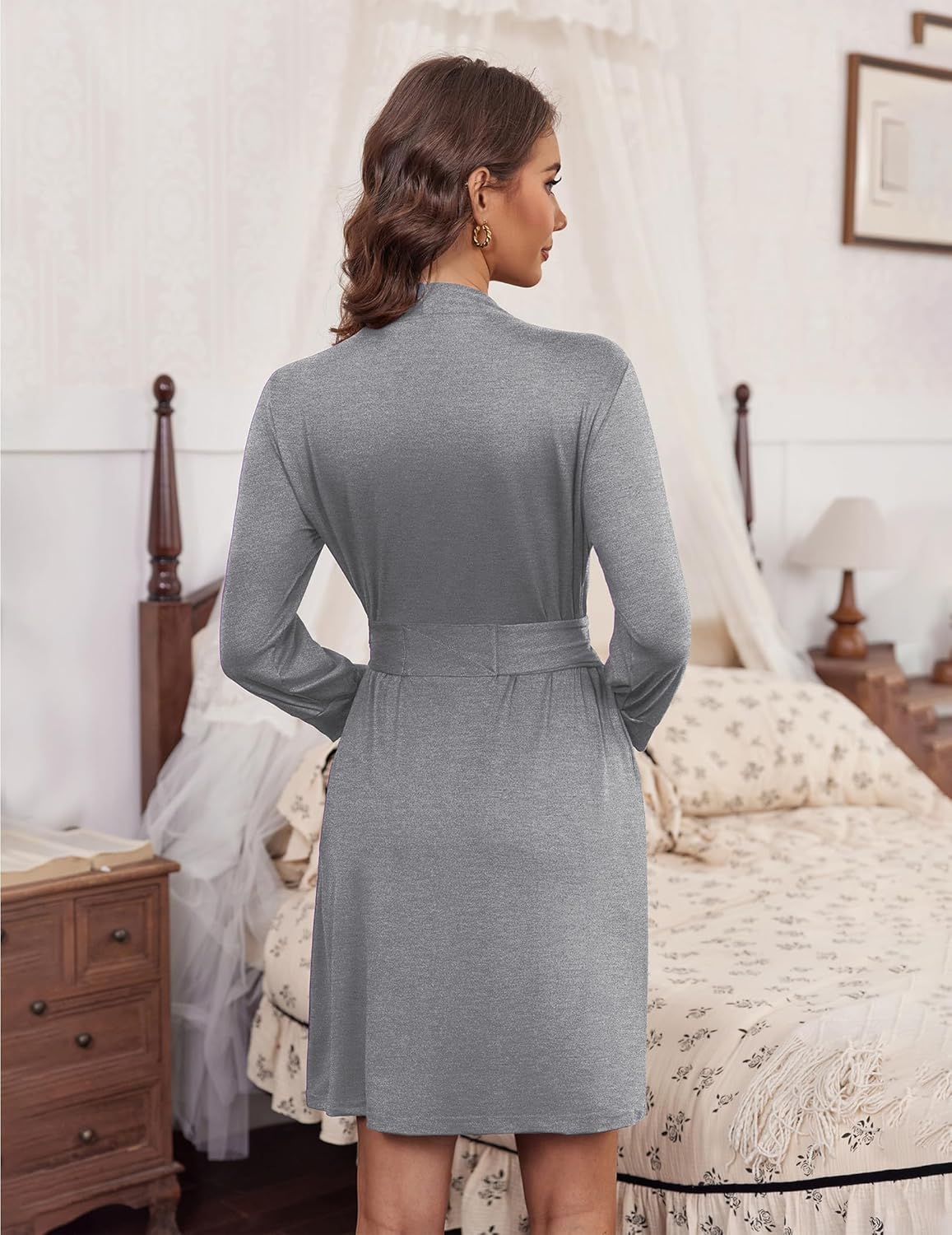 Back view: light grey knit bathrobe with waist tie, 3/4 sleeves, knee length