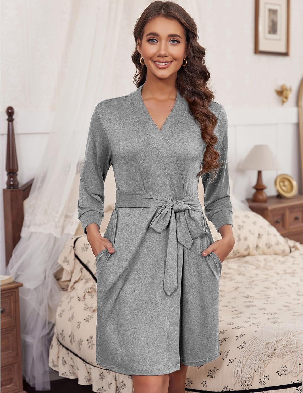 3/4 sleeve knit bathrobe, light grey, V-neck wrap with waist tie, knee length