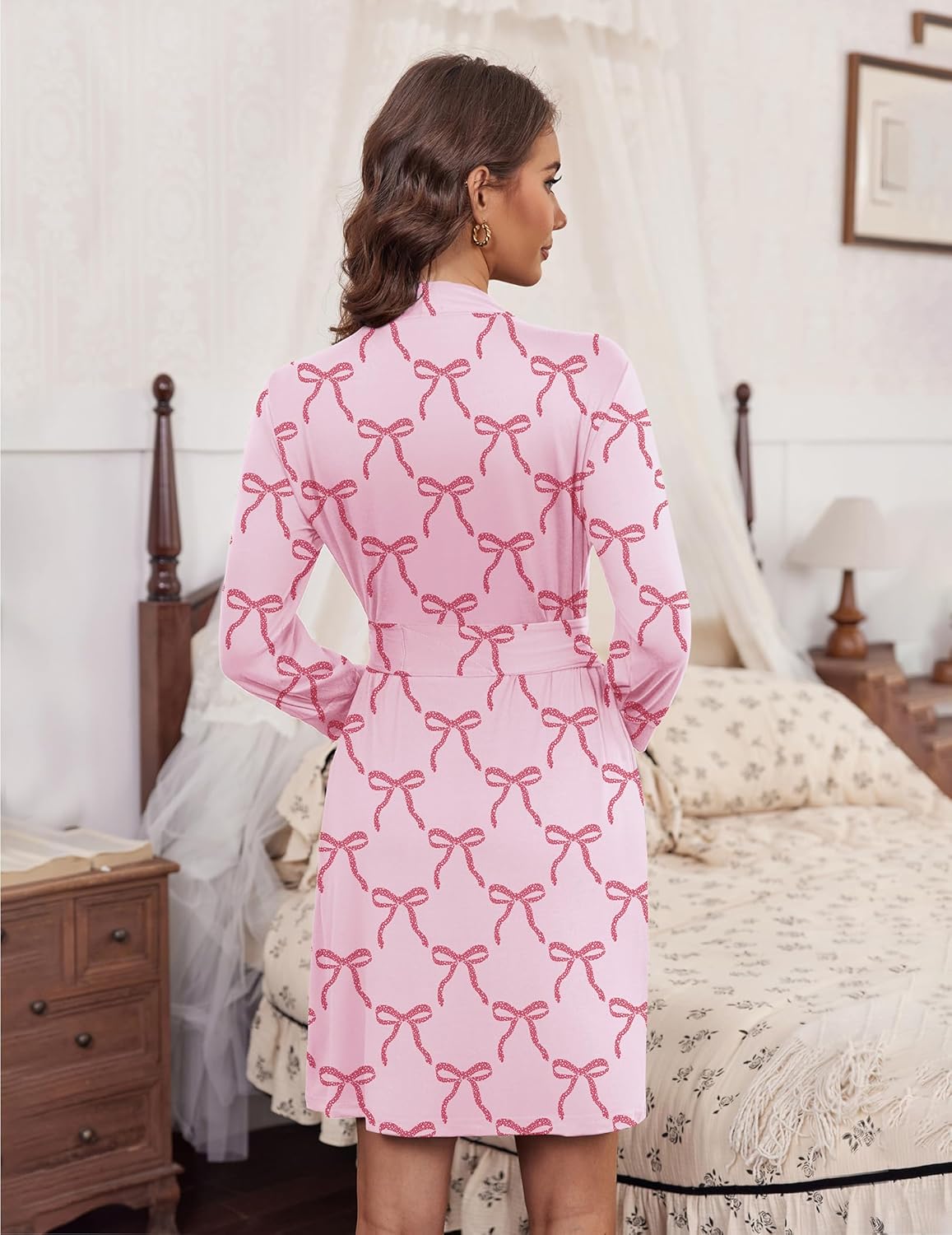 Light pink bow-print knit bathrobe, 3/4 sleeves, knee length, waist tie detail