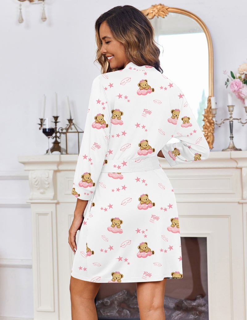White knit bathrobe with teddy bear print, tie belt, 3/4 sleeves, knee length