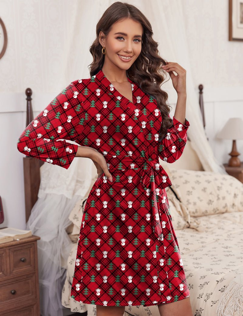 Red plaid knit bathrobe with wide sleeves, V-neck, tied waist, knee length