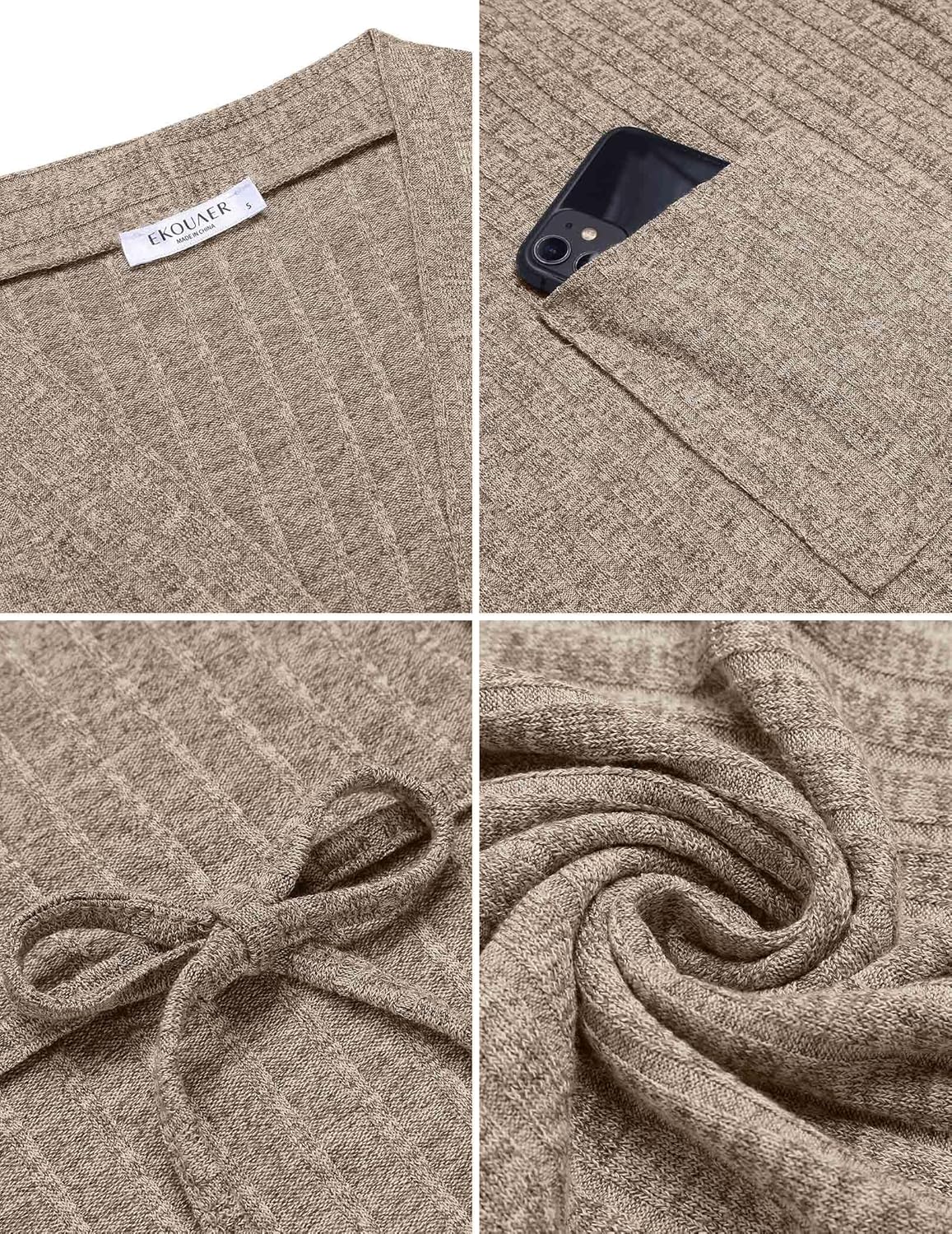 Beige textured knit fabric swatch for bathrobe, folded, with attached label