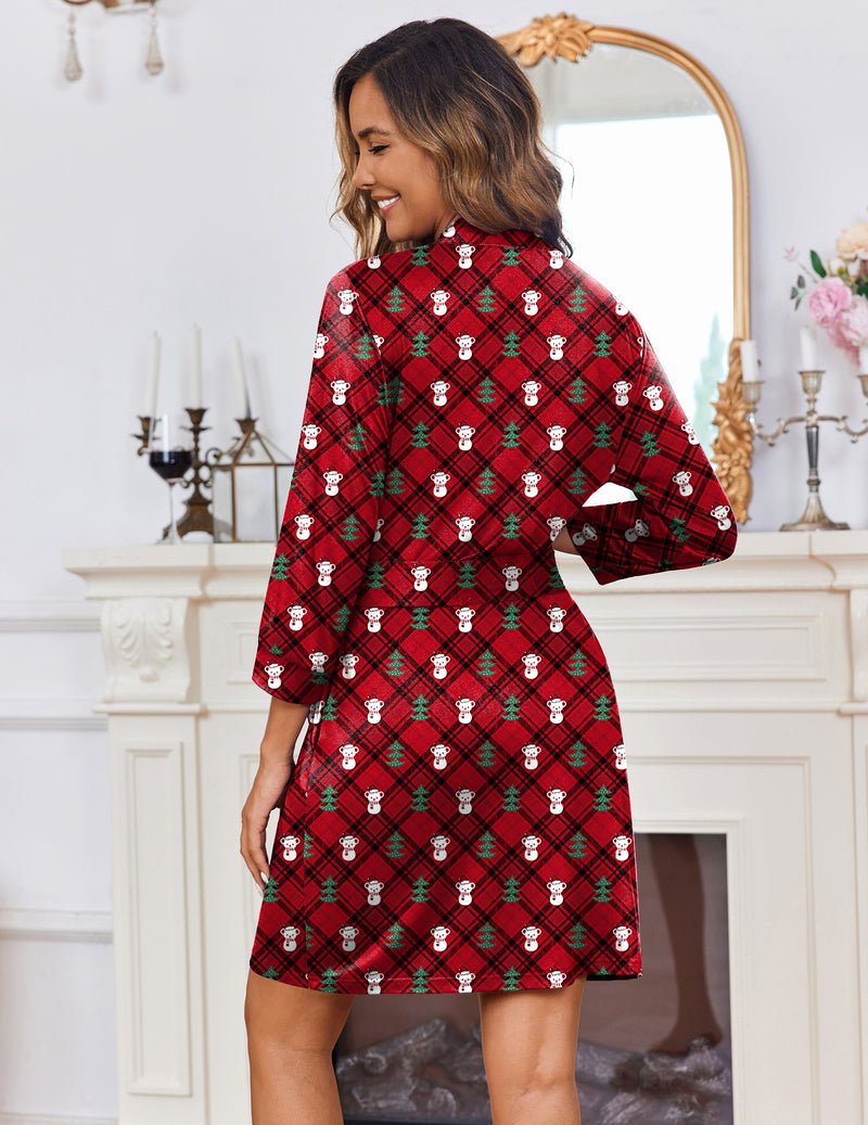 Knee length knit bathrobe with 3/4 sleeves, red plaid print, back view, tie waist