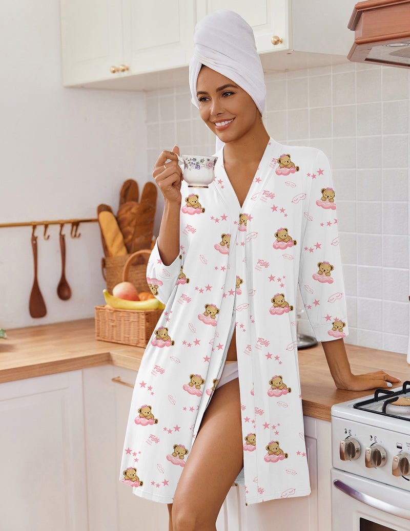White hooded knit bathrobe with teddy bear print, tie belt, 3/4 sleeves