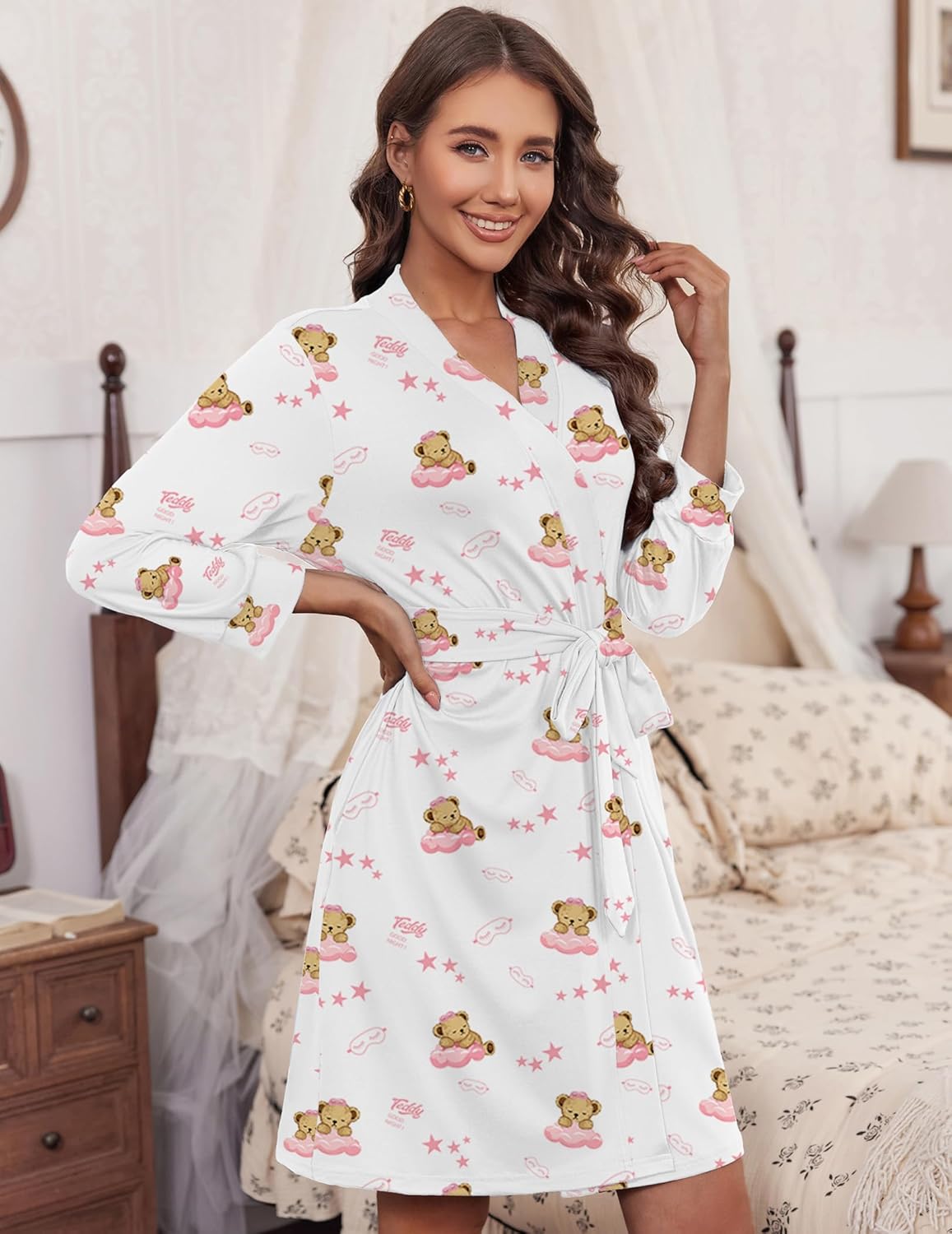 Knee-length knit bathrobe with 3/4 sleeves, teddy bear print, white wrap design