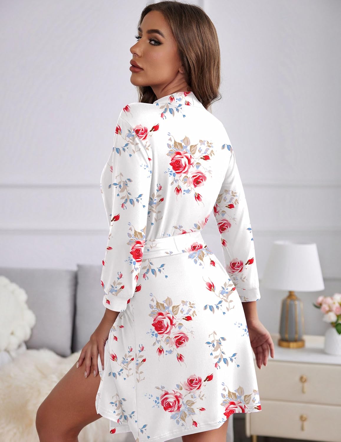 Knee-length knit bathrobe back view, white rose print, tie waist