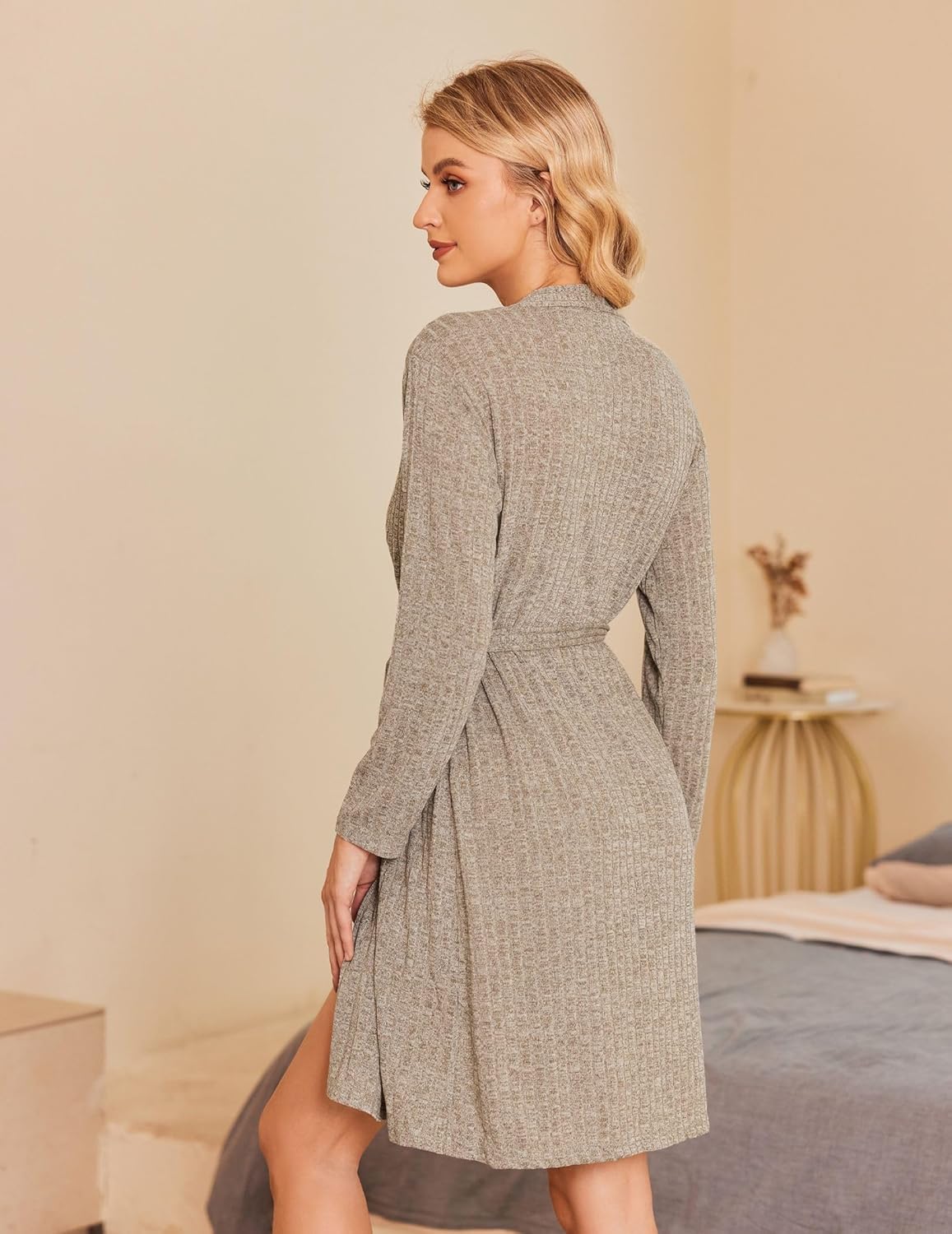 Light grey 3/4 sleeve knit bathrobe, knee length, wrap V-neck, waist tie belt
