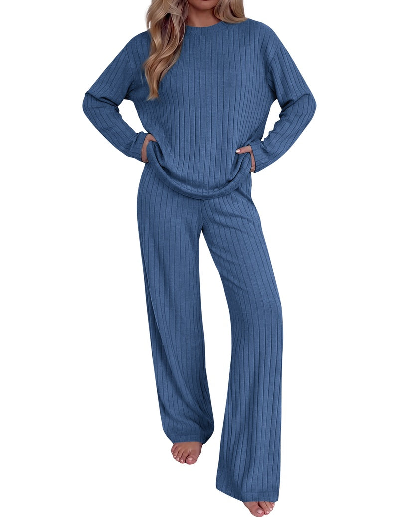 Ribbed mock neck long-sleeve top and wide-leg pants set in light blue