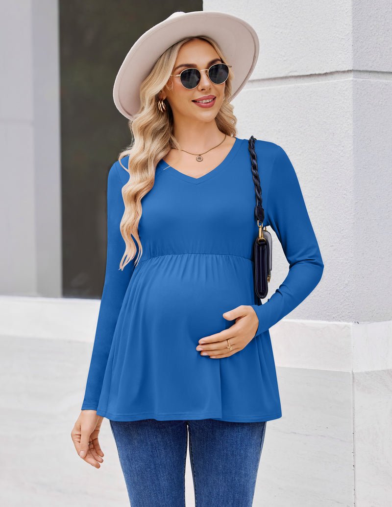 Blue maternity tunic with V-neck and long sleeves, empire seam skirt flare