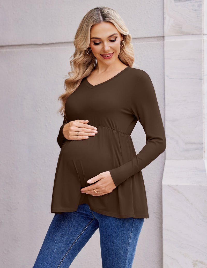 Maternity long-sleeve V-neck tunic in dark brown with gathered waist