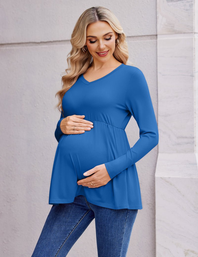 Maternity long-sleeve V-neck tunic in blue with gathered empire waist