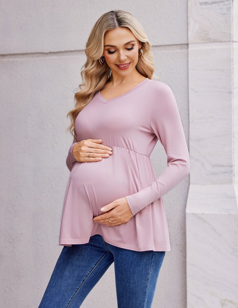 Maternity long-sleeve V-neck tunic in light pink with gathered empire waist