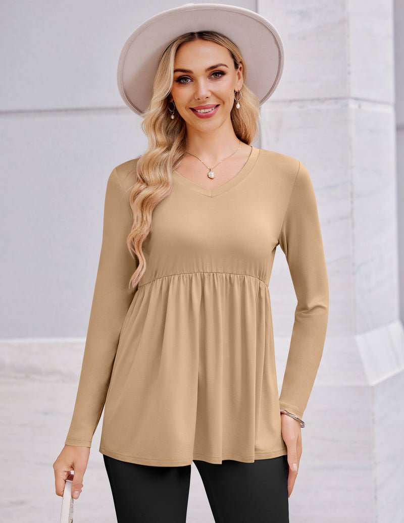Beige maternity long-sleeve V-neck tunic with ruched empire seam