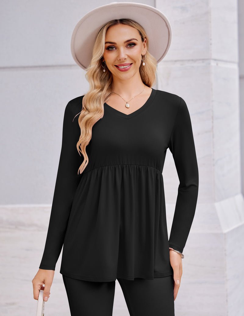 Umstands-Shirt mit V-Ausschnitt, langarm, schwarz, geraffte Taille