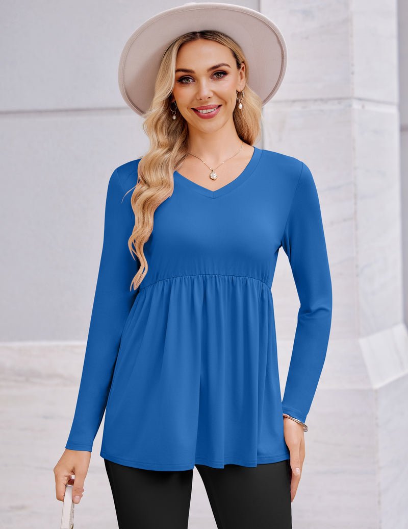 Blue maternity long-sleeve V-neck top with gathered waist and flared hem