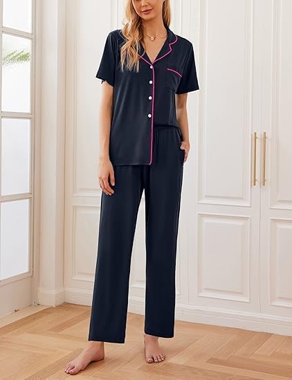 Ekouaer 2 Pack Pajamas Button Up Loungewear Cozy Sets