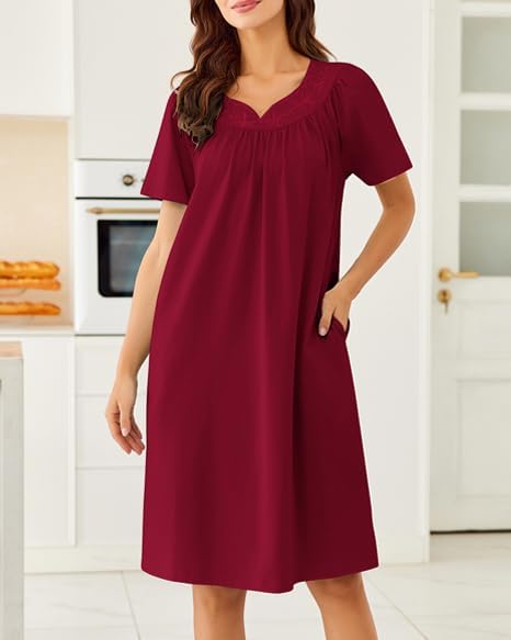 Ekouaer Cotton Nightgown Embroidered Lounge Dress with Pockets
