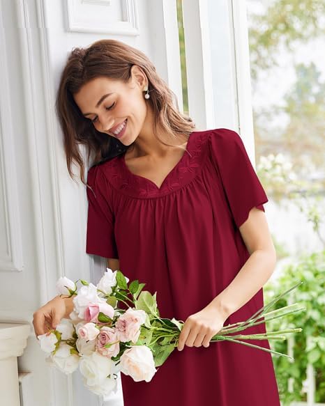 Ekouaer Cotton Nightgown Embroidered Lounge Dress with Pockets