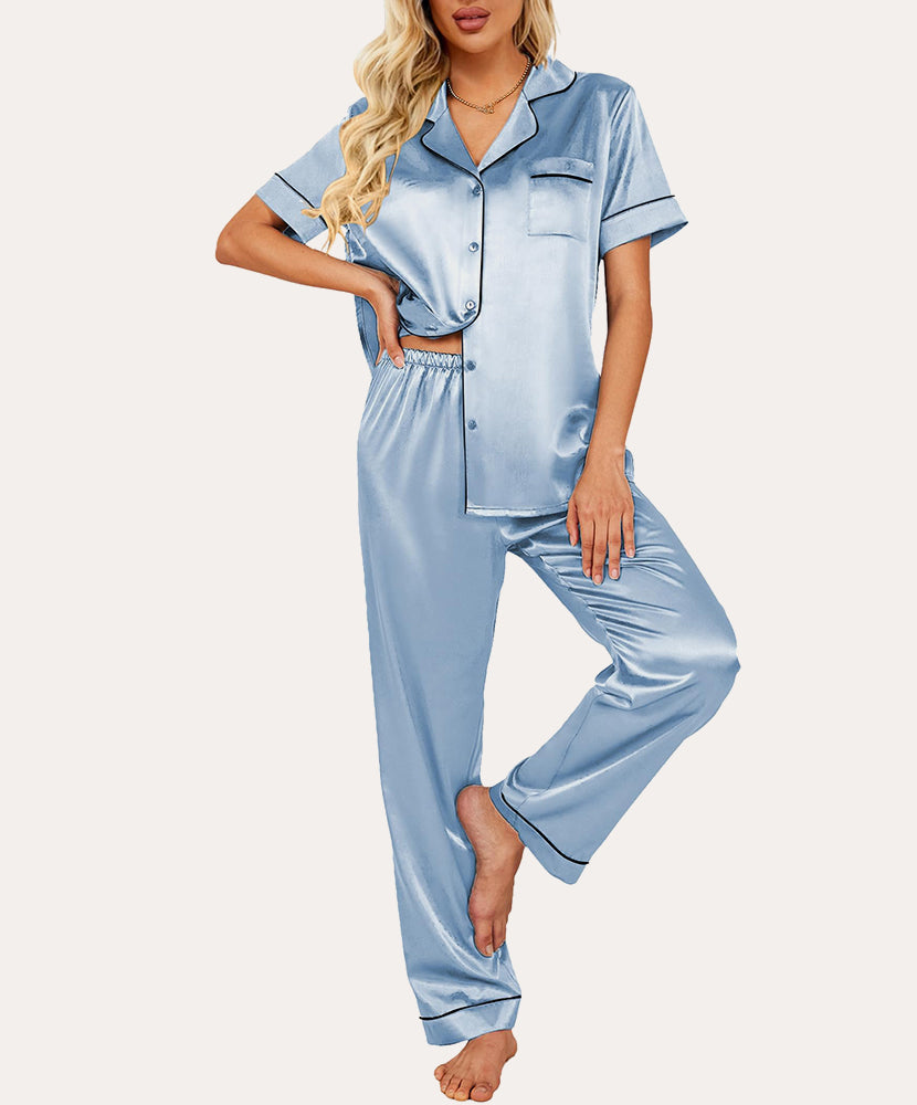 Short Sleeve Silk Satin Pajamas Set