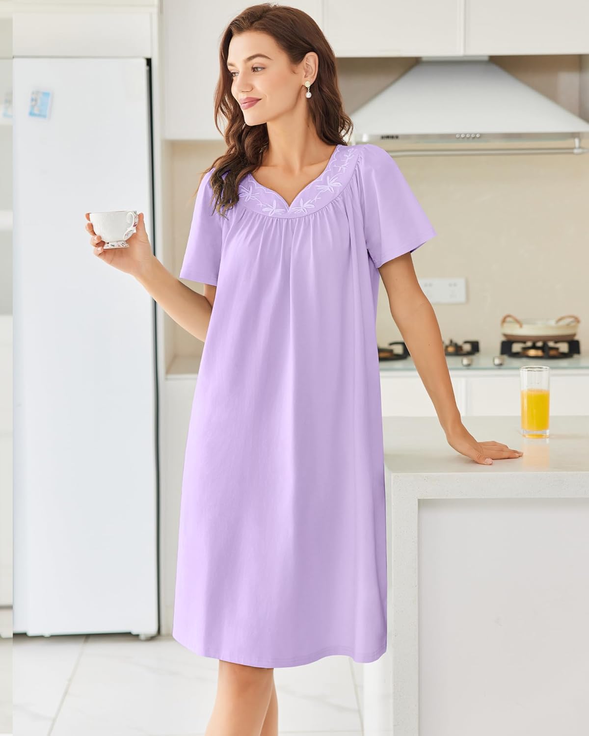 Ekouaer Cotton Nightgown Embroidered Lounge Dress with Pockets