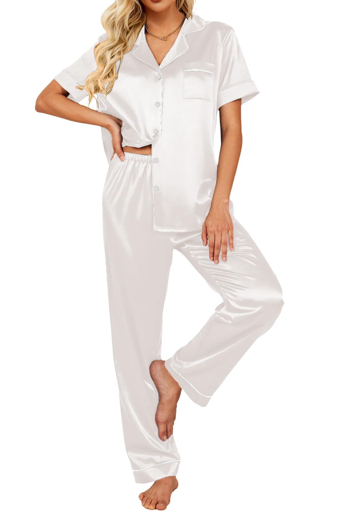 Short Sleeve Silk Satin Pajamas Set