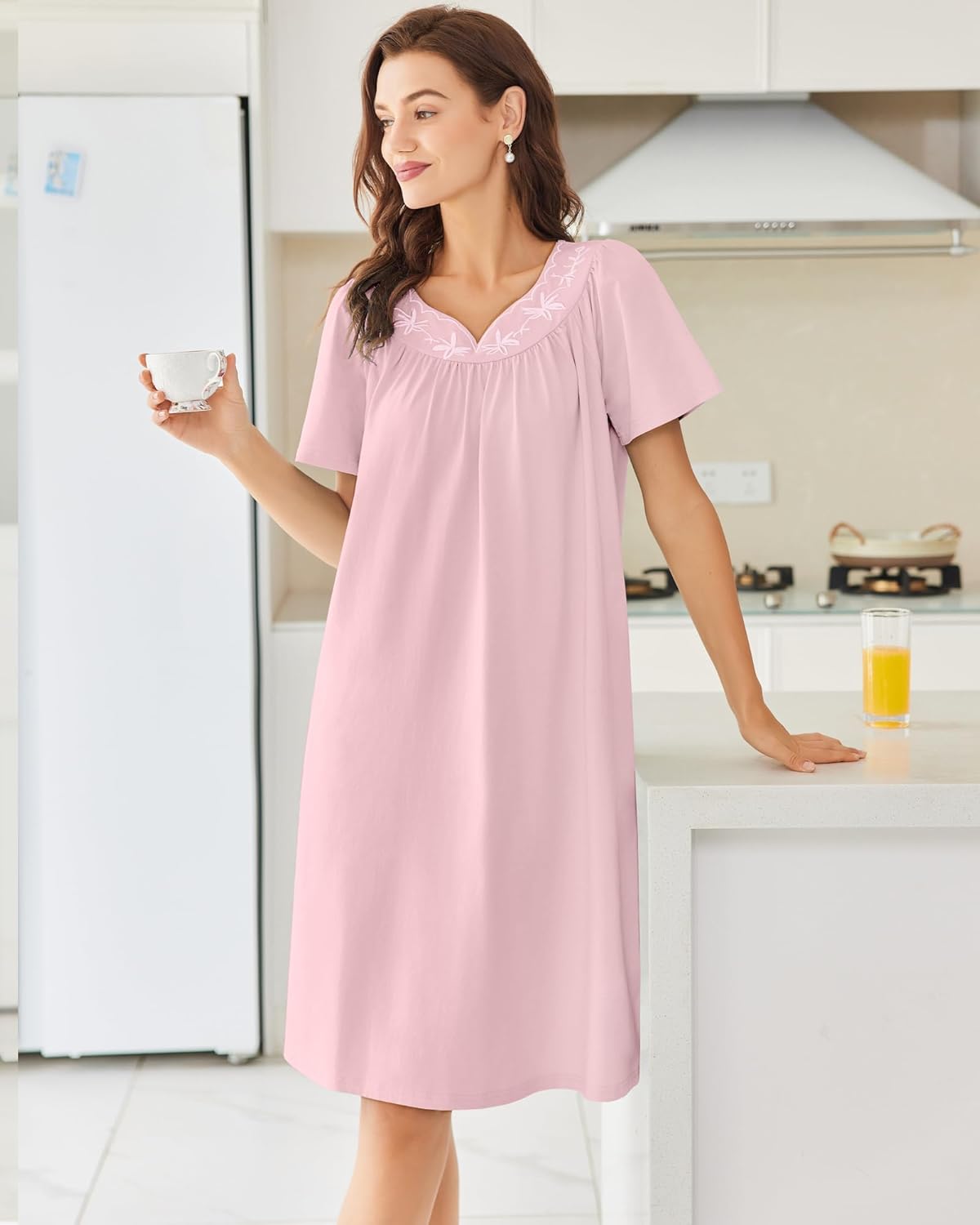 Ekouaer Cotton Nightgown Embroidered Lounge Dress with Pockets