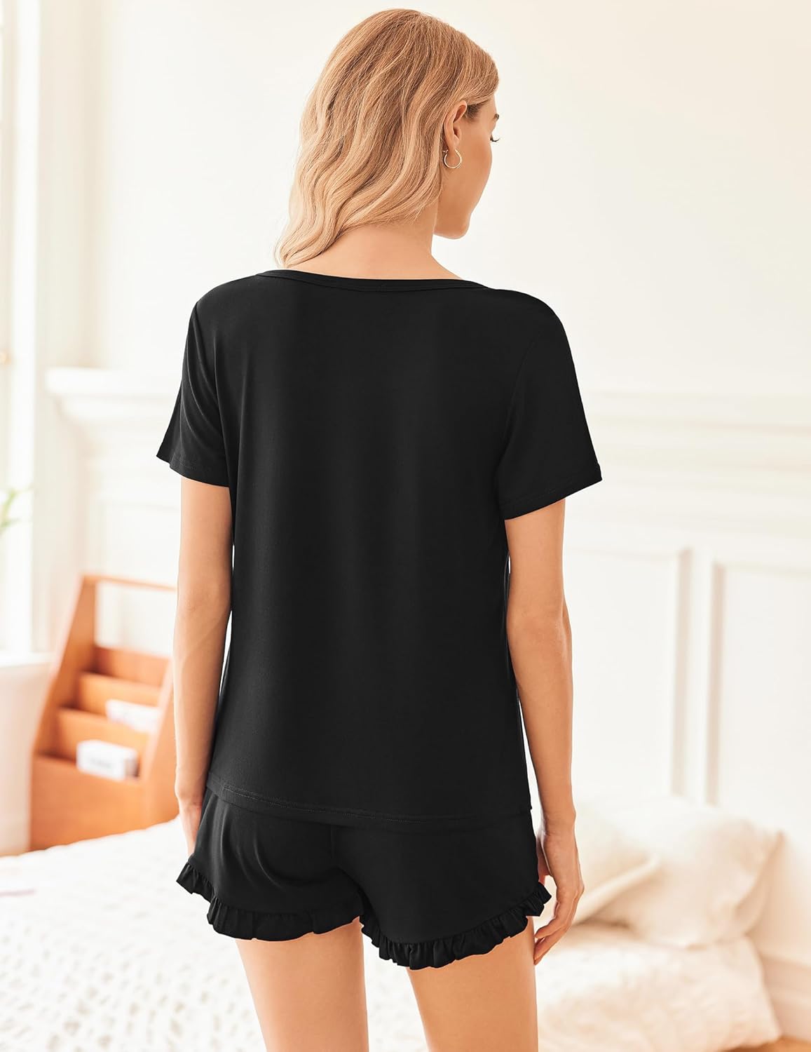 Lounge Set Crew Neck Tops and Ruffle Shorts Pj Sets