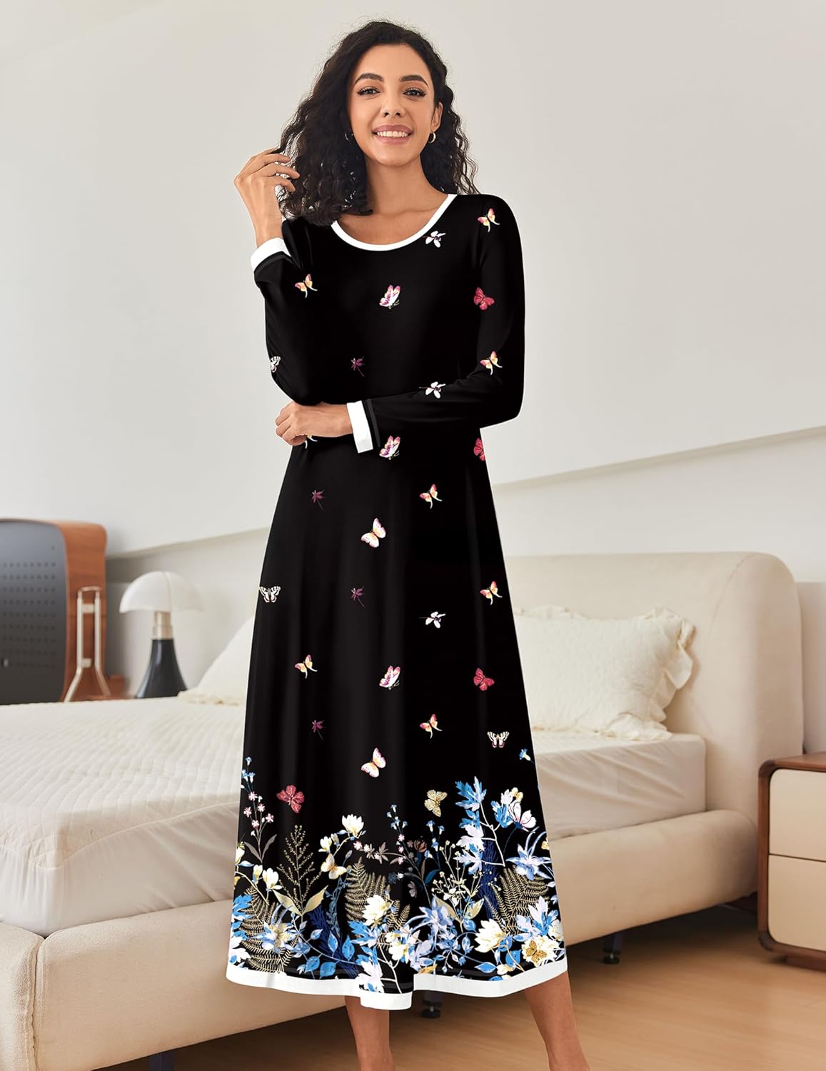 Ekouaer Nightgown Long Sleeve Full Length Long Nightshirt