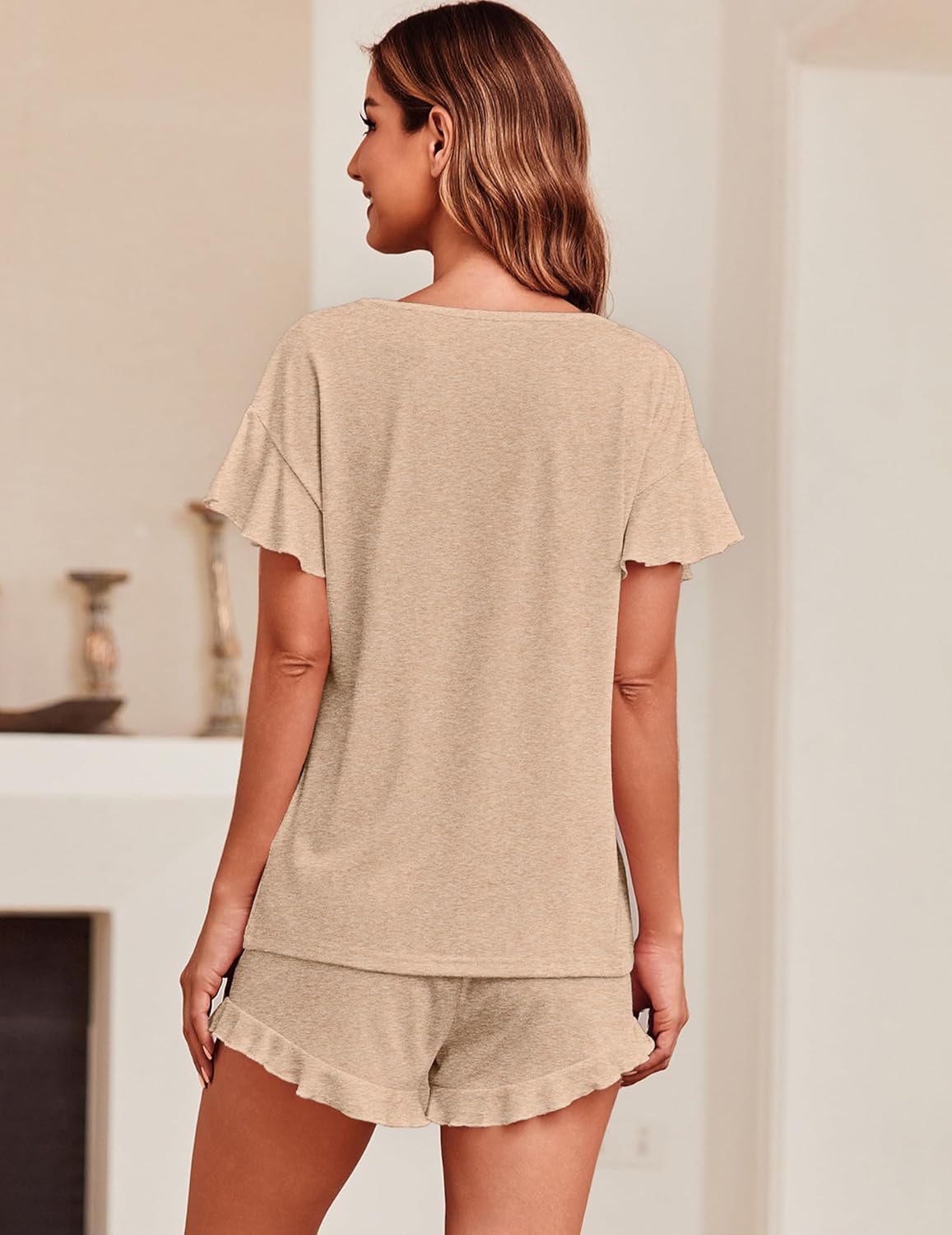 Ekouaer Teddy Ruffle Sleeves Top and Short Soft 2 Piece Set